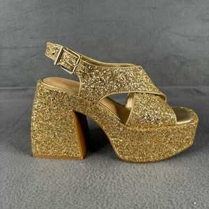 NEW WITHOUT BOX/TAGS GIANNI BINI GB GOLD GLITTER PLATFORM SANDAL HEELS SZ 8.5
